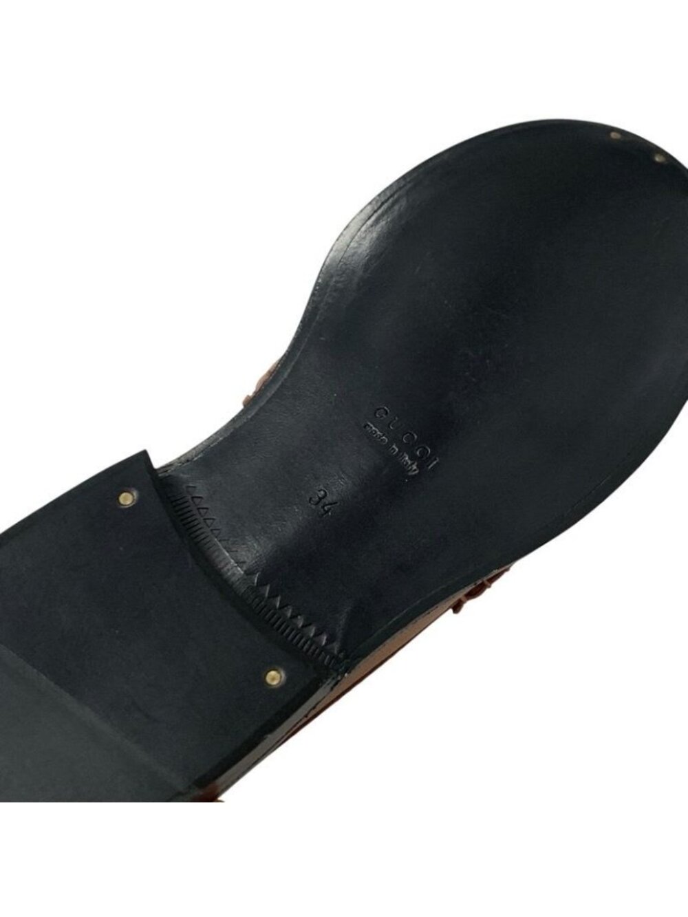 Gucci Loafer Leather Shoes Brown Gold Metal Logo Flat - Picture 8 of 10